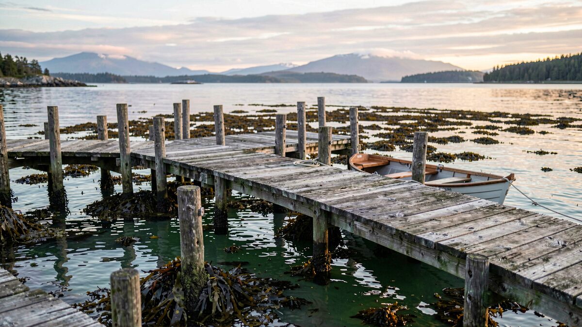 A weathered wooden dock on pilings running out over green water and floating kelp at mid tide in Halibut Cove, a small white skiff tied alongside, spruce shores and snow-capped peaks across Kachemak Bay under a pale evening sky.